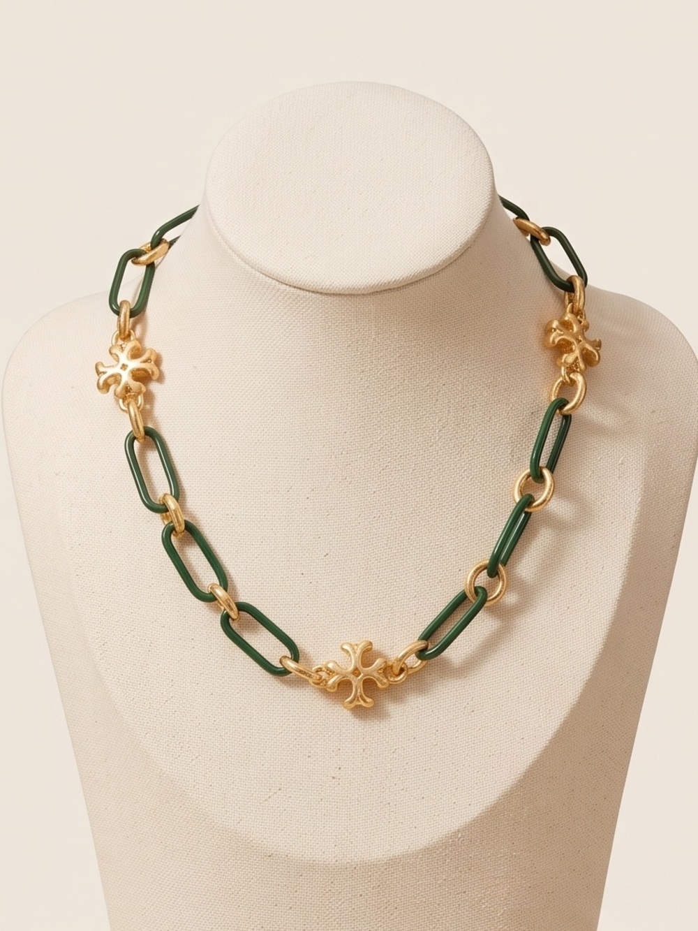 Tory Burch Green Enamel and Gold-Link Pendant Necklace